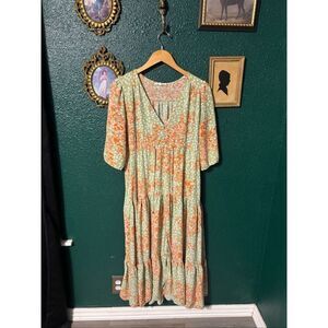 ABEL THE LABEL Dress Wild Bloom Boho Maxi Green V Neck Size Medium Floral Cottag